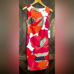 Calvin Klein Floral Pink Orange Sleeveless Knee Length Sz 4 Sleath Dress